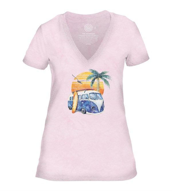 Retro Surf Womens V-Neck, PINK, Adult Small