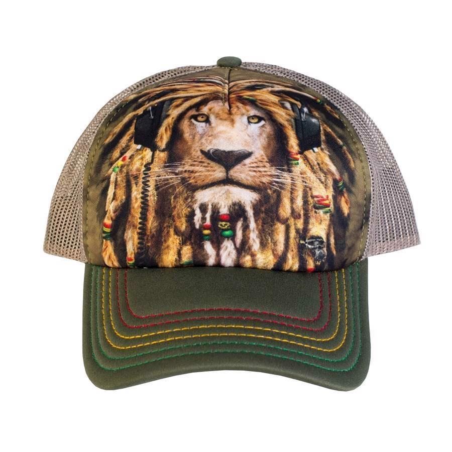 Trucker kasket med humoristisk fremstilling af løve med rasta manke