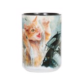 Kaffekrus med killing der falder i vandet