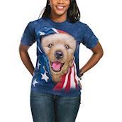 Kortærmet bluse med Golden Retrieverhvalp i amerikansk flag